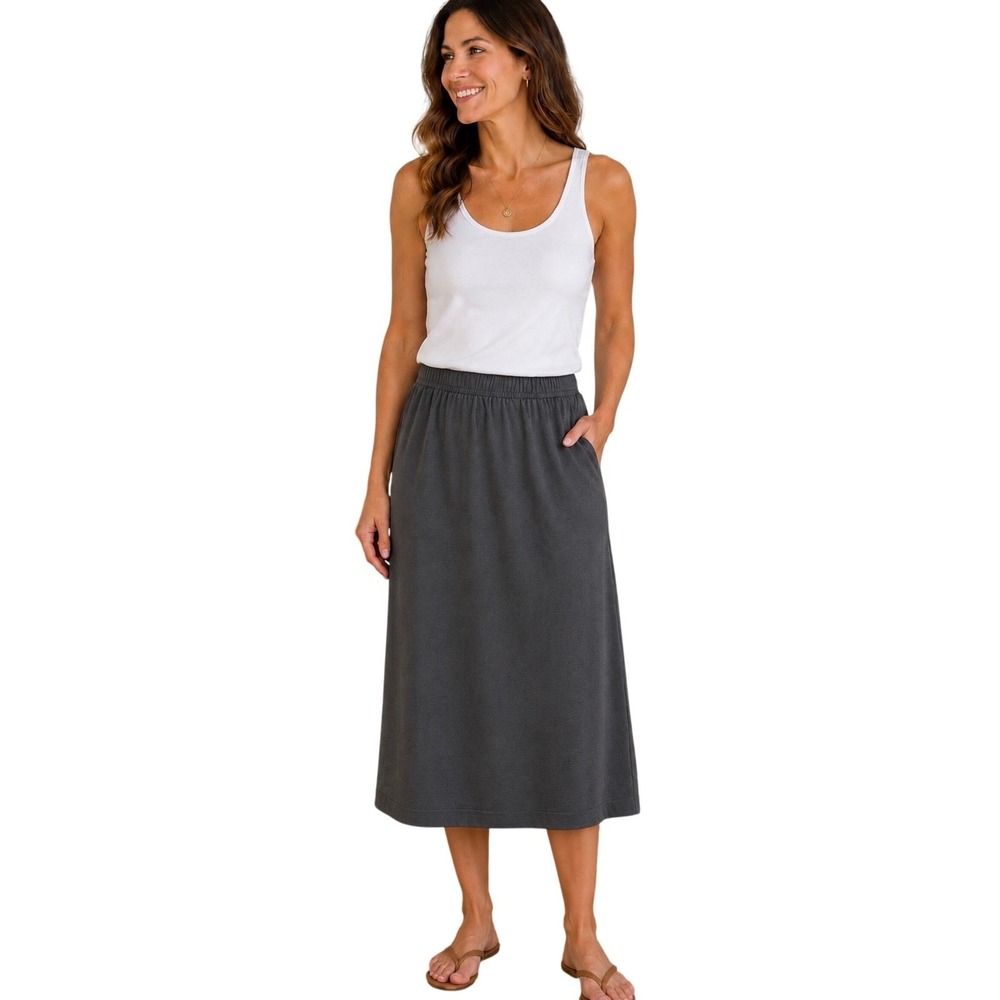 Peruvian Connection Gray Pima Cotton Maxi Skirt Women L Elastic Waist Minimalist